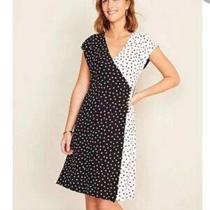 Ann Taylor‎ Petites Polka Dot Faux Wrap Dress - Black and White Contrast Size 8P